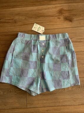 NWT Very J Blue Plaid Seersucker Boxer Shorts Checked Lounge Medium